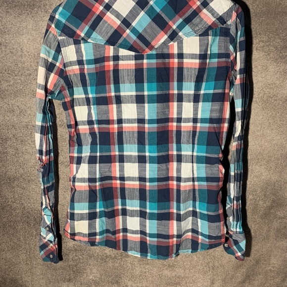 TRUE RELIGION Georgia Plaid Shirt Pearl Snap distressed elbow - Picture 7 of 11